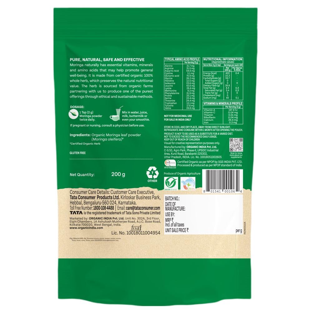 A TATA Product - Organic India Moringa Powder, Dietary Supplement, Superfood, Rich In Vitamins, Minerals & Amino Acids, For Immunity, Digestion & Energy, Gluten Free, Certified Organic, 200g, Pouch