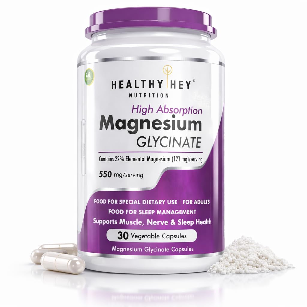 HealthyHey Nutrition Magnesium Glycinate High Absorption for Sleep, Cramps, & Nerves Health - 90 Vegetable Capsules