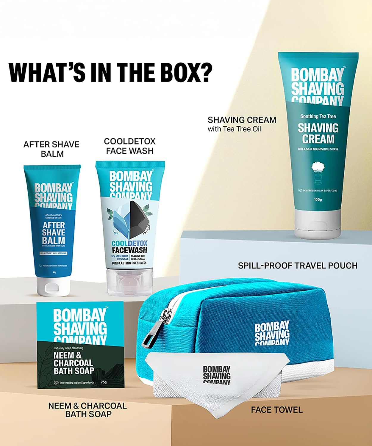 Bombay Shaving Company Premium Shaving Kit For Men | Charcoal Face Scrub, Charcoal Shaving Cream, Post Shave Balm, Neem & Charcoal Bath Soap, Face Towel | Travel Bag | Shaving Kit | Travel Kit For Men