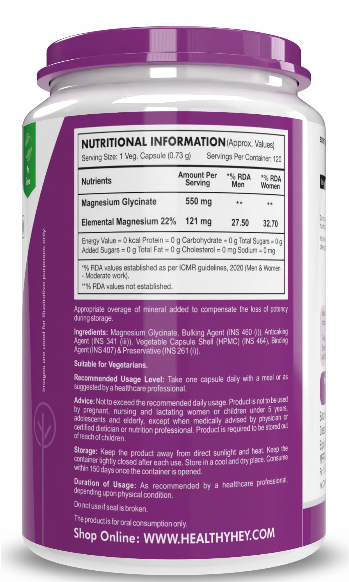 HealthyHey Nutrition Magnesium Glycinate High Absorption for Sleep, Cramps, & Nerves Health - 90 Vegetable Capsules