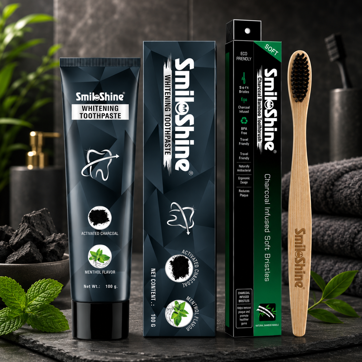 CHARCOAL BAMBOO TOOTHBRUSH & TEETH WHITENING TOOTHPASTE