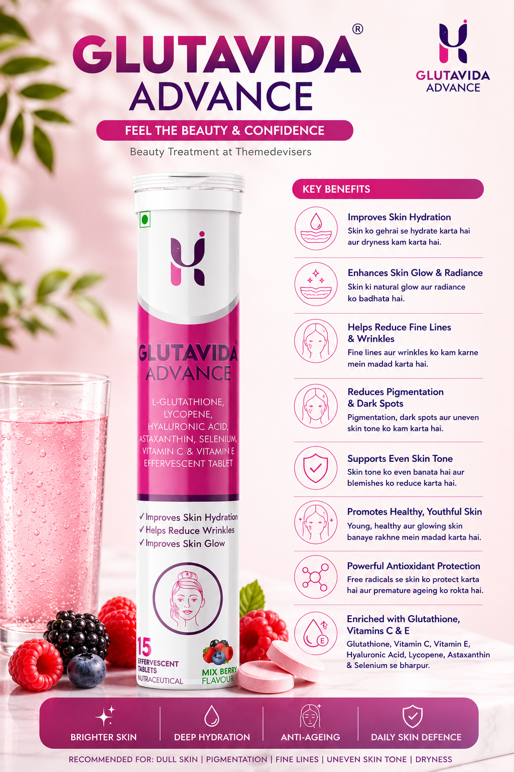 GLUTAVIDA ADVANCE Premium Glutathione Effervescent Tablets With Hyaluronic Acid, Lycopene, Vitamins C & E for Skin Hydration, Antioxidant Support And Healthy Glow.